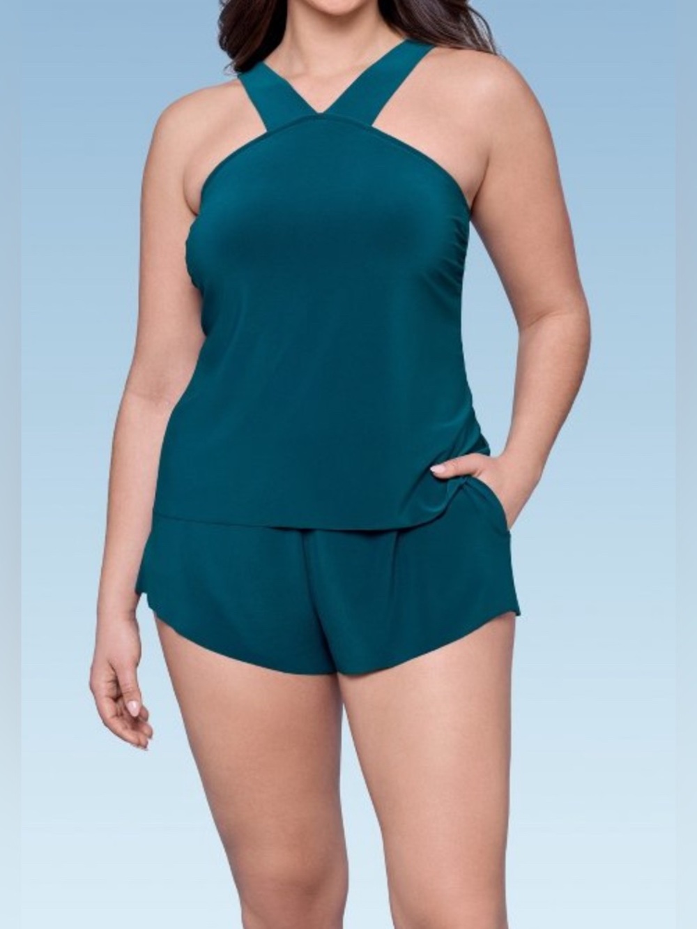 Aqua Green pink /black Cross-Back One-Piece Swim Top with Matching Shorts